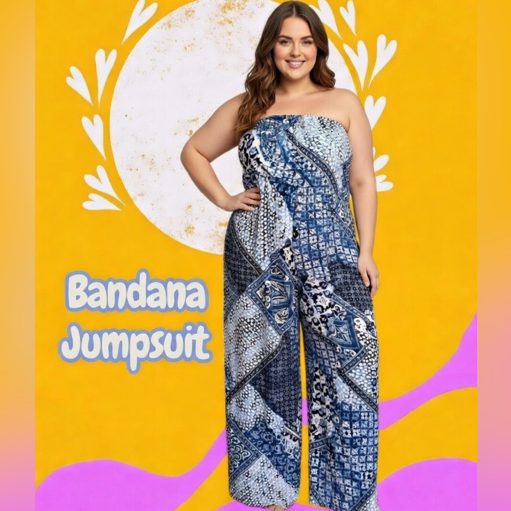 Strapless Bandana Print Wide Leg Jumpsuit Boho Blue White Size Large